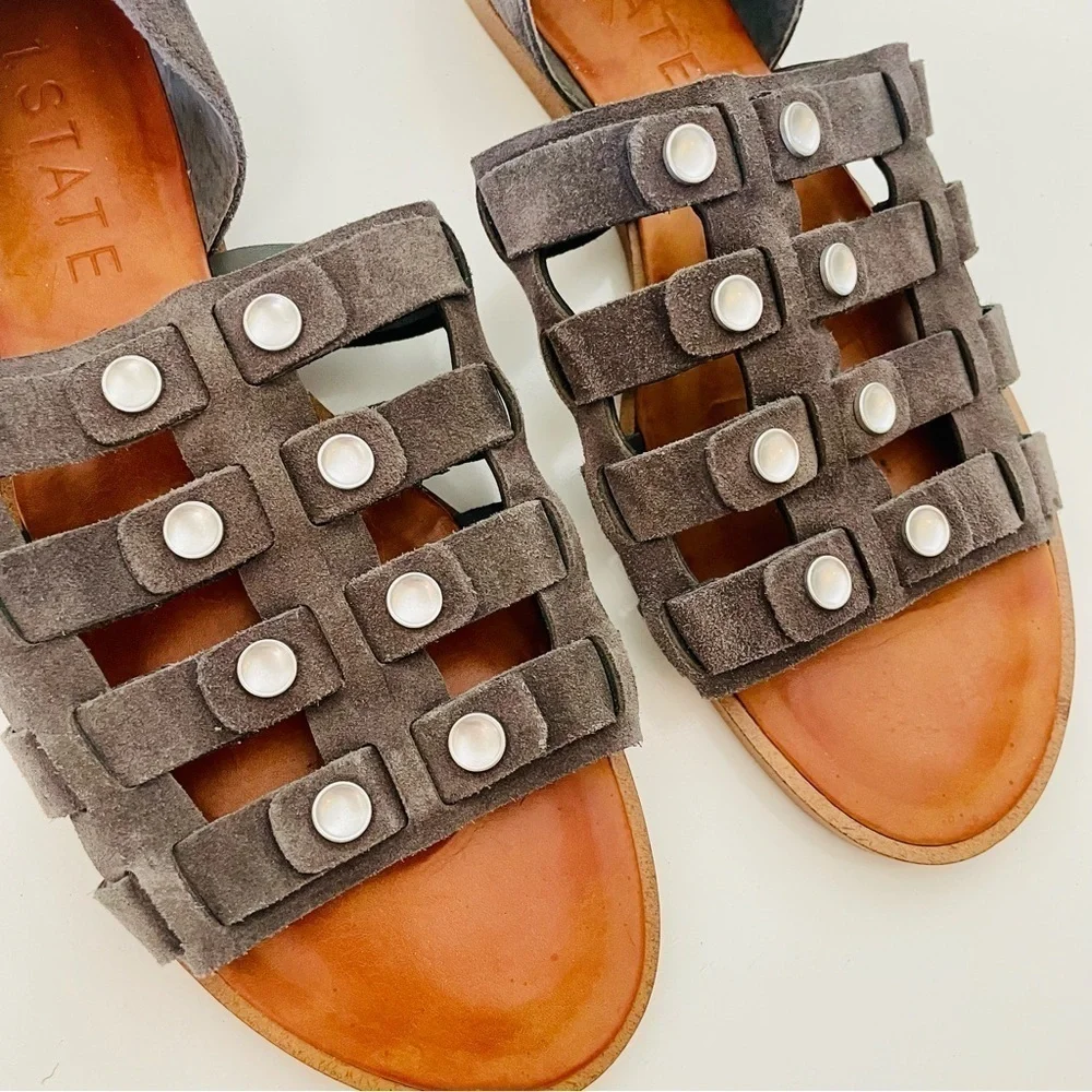 1. STATE Telle Grey Leather Studded Strappy Sandals